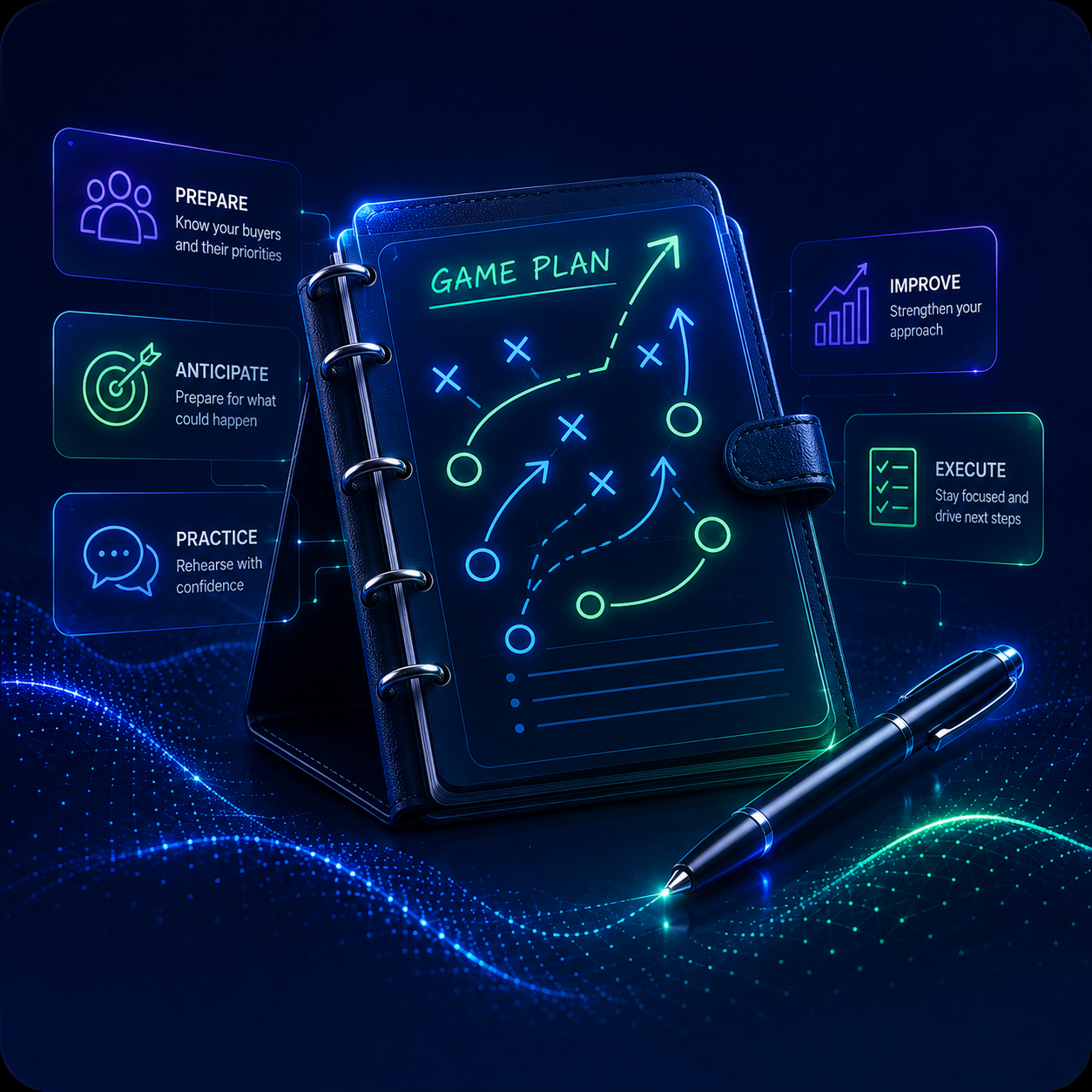 Coach Nello™ game plan visual representing deal-aware preparation, practice, and coaching for critical customer conversations and sales moments.