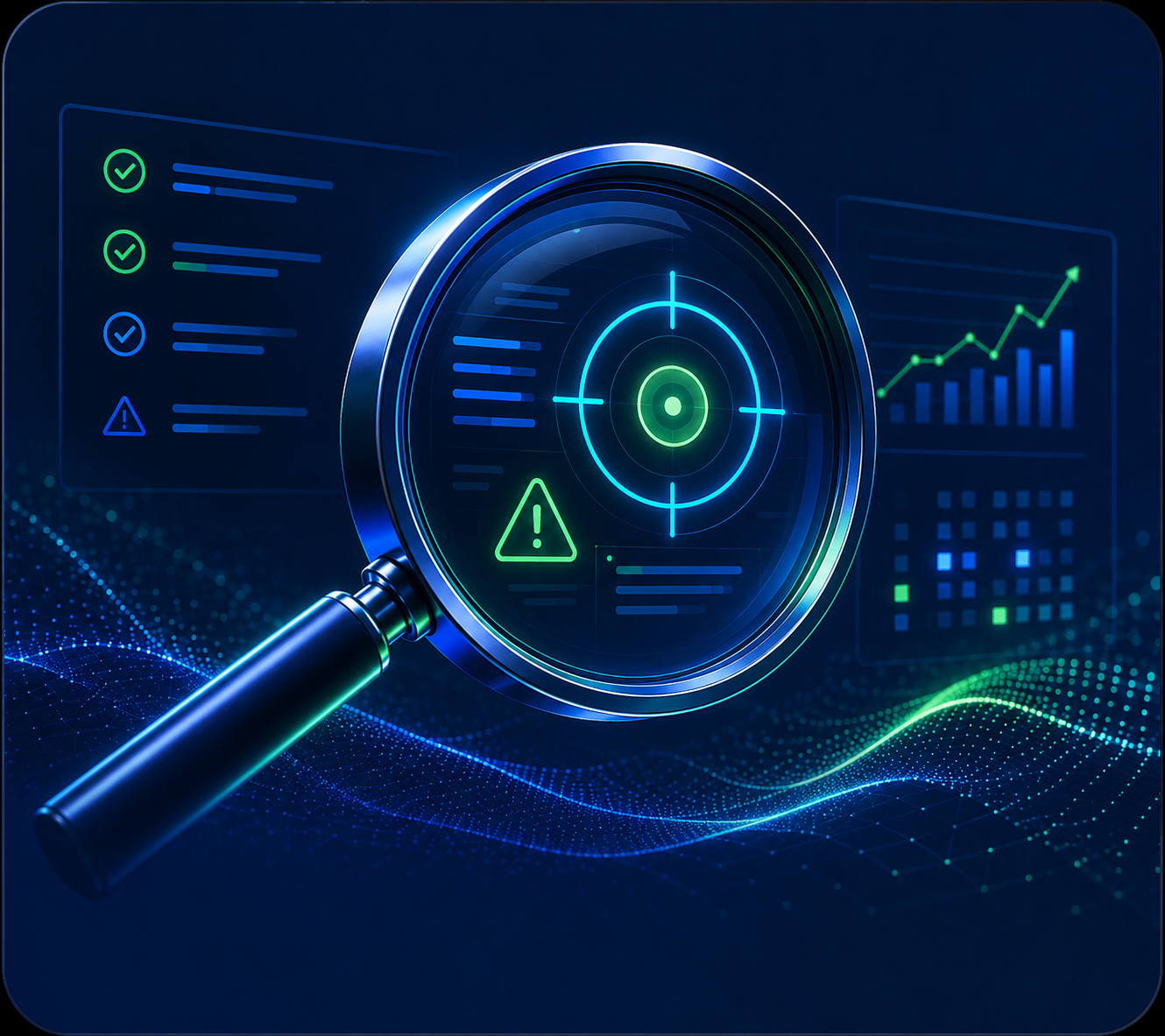 Inspector Nello™ magnifying glass visual representing AI-powered deal inspection that uncovers qualification gaps, risks, missing evidence, and what could stand between the seller and a win.